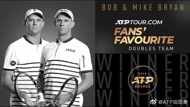 布莱恩兄弟获得2019年ATP年度最受欢迎双打组合。